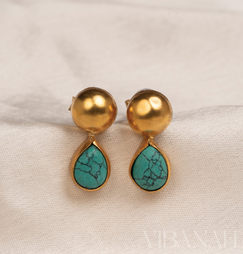 Natural Stone - Gold Ball & Turquoise Drop Studs