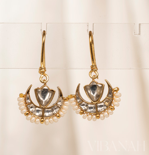Natural Stone - Crescent Pearl Kundan Earrings
