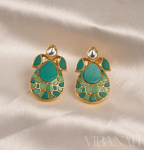 Natural Stone - Green Enamel Drop Earrings